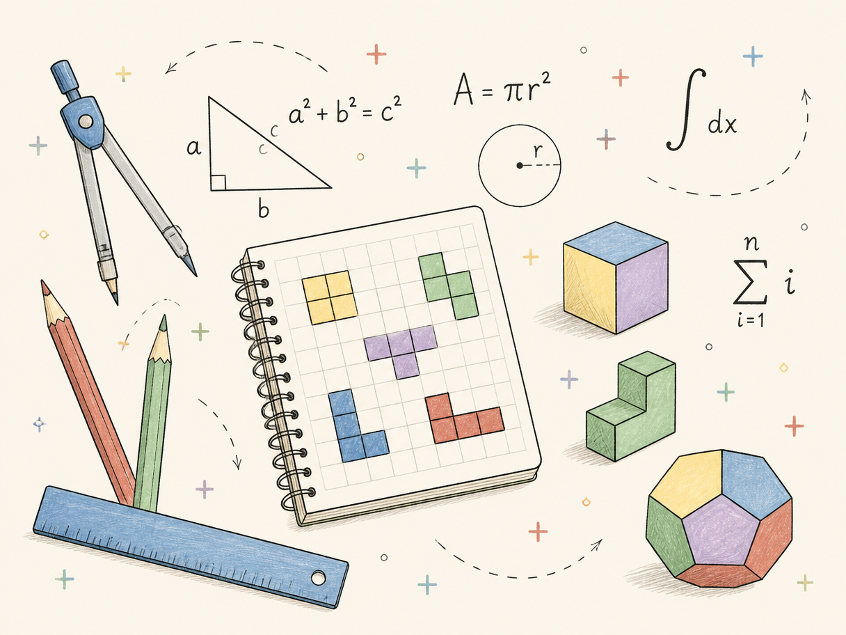 Hand-drawn math doodles: pencils, a compass, a ruler, blocks, and formulas.